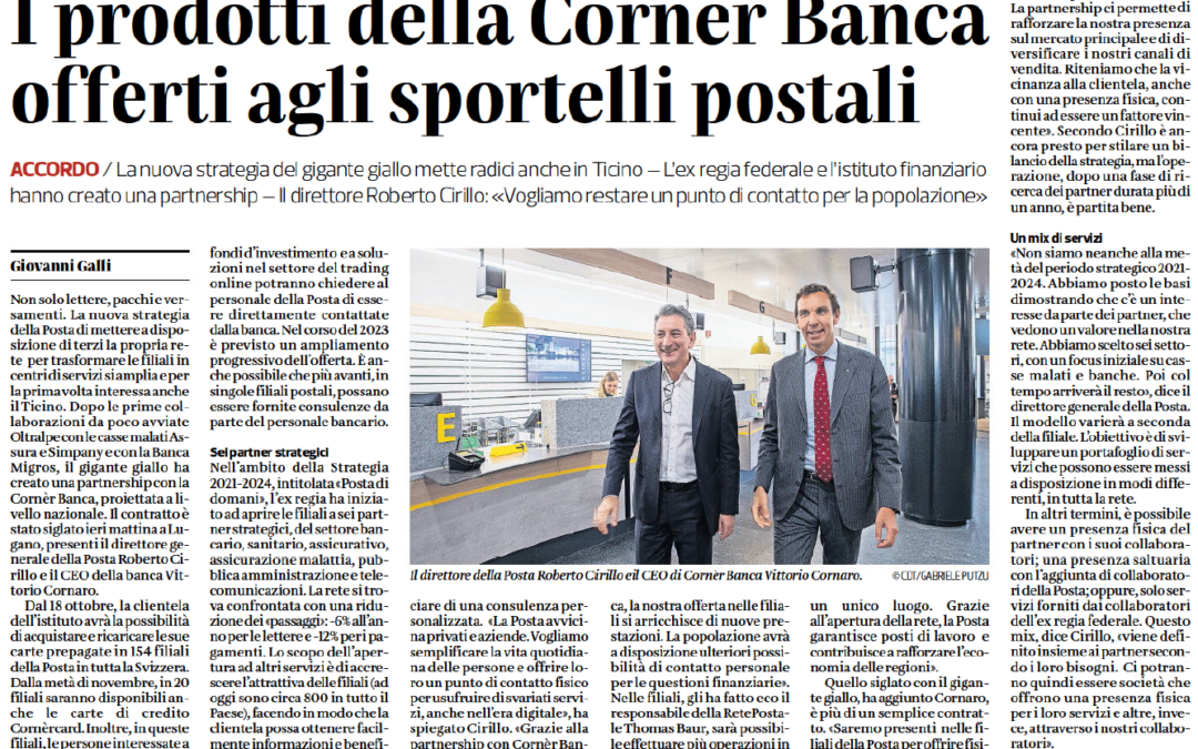 I prodotti della Cornèr Banca offerti agli sportelli postali – CdT, 11 ottobre 2022